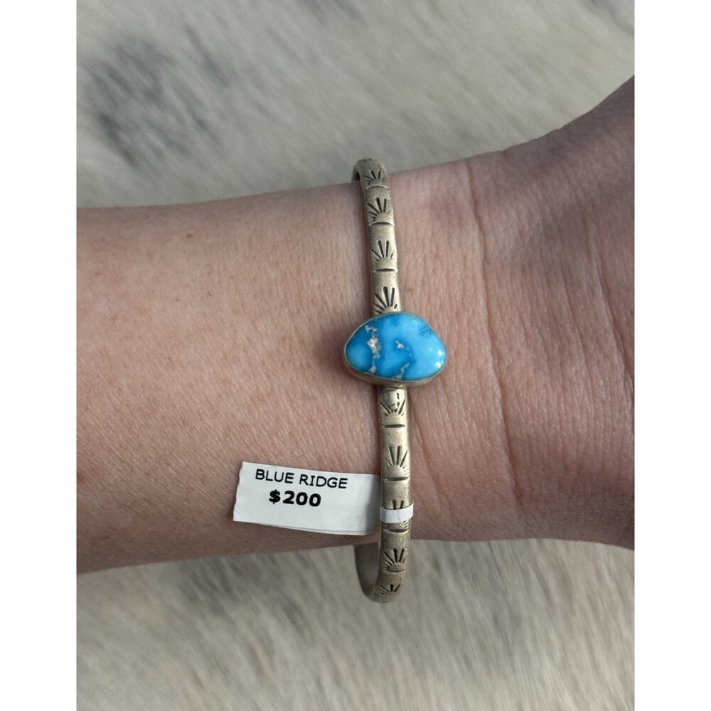 Sterling Silver Blue Ridge Turquoise Stamped Cuff Bracelet Stacker Single Stone